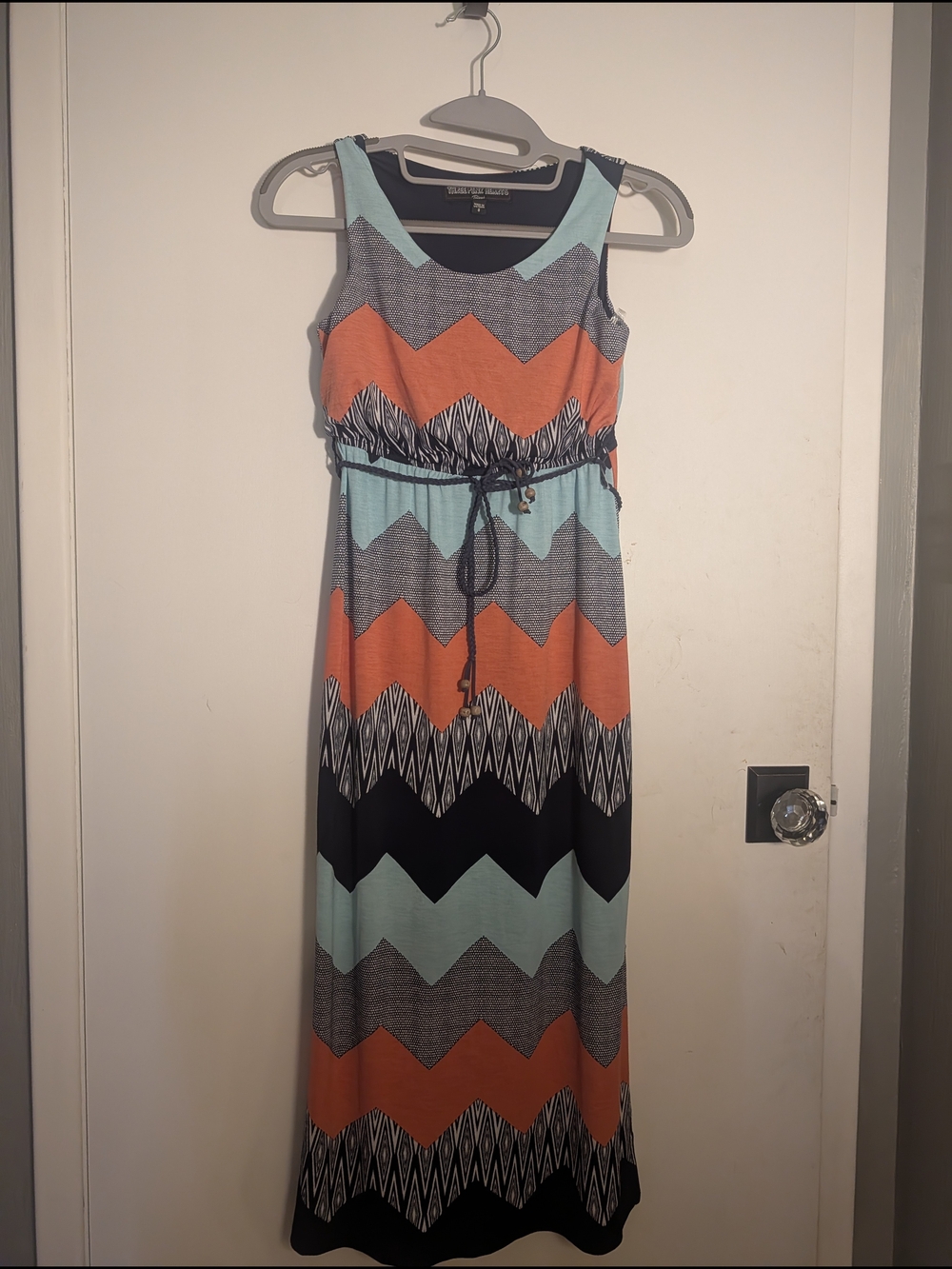 Trixxi Three Pink Hearts Sleeveless Chevron Maxi Dress in Coral, Aqua & Black